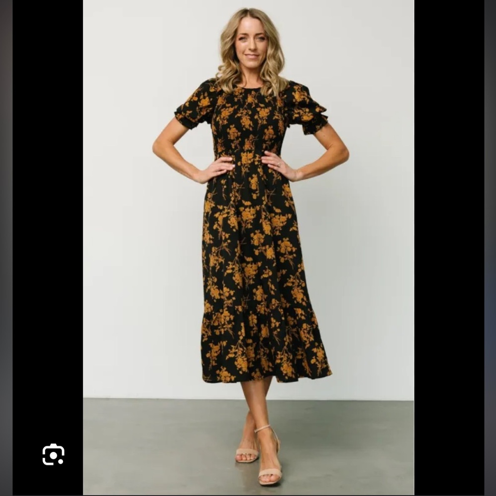 THML Black and Gold Floral Midi Dress